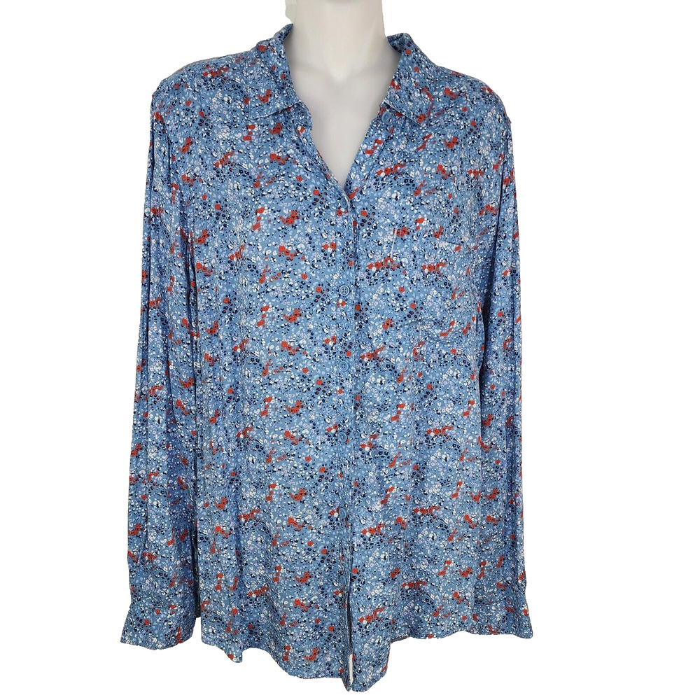 Beach Lunch Lounge Tunic Top Large Floral Boho Button Up Blue Red Ditsy Pocket
